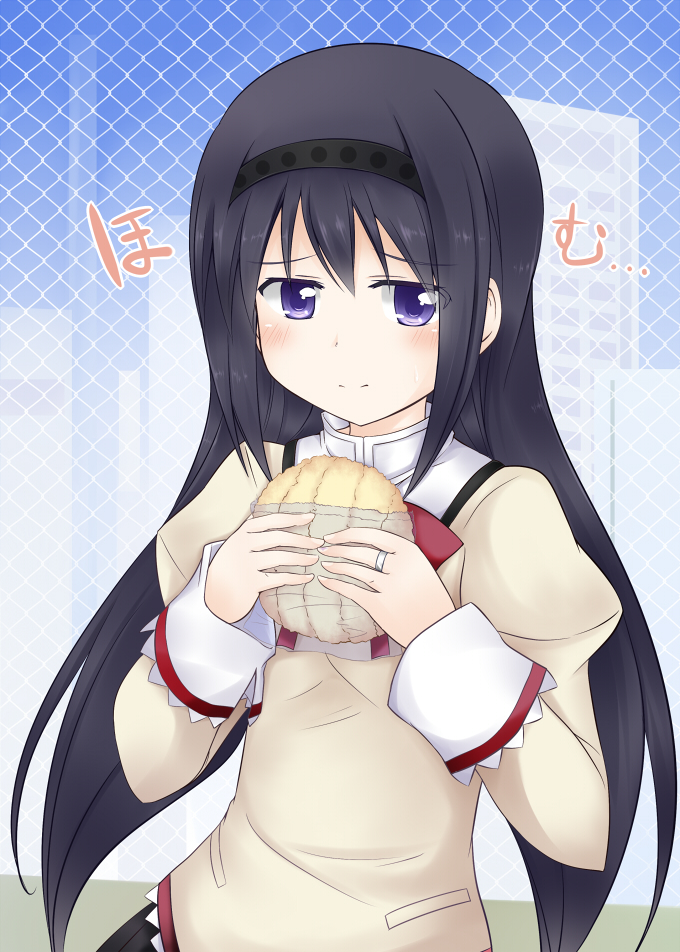 akemi_homura bad_id black_hair blush bread food hairband homu jewelry long_hair mahou_shoujo_madoka_magica makino_(ukiuo) melon_bread purple_eyes ring school_uniform solo violet_eyes