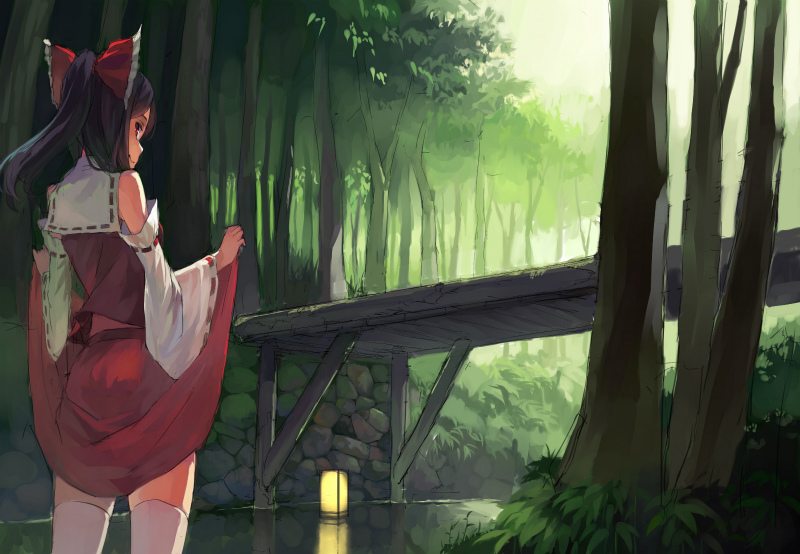 bare_shoulders black_hair bow bridge detached_sleeves forest from_behind hair_bow hakurei_reimu lantern leaf light_smile looking_back miko nature paper_lantern ponytail red_eyes river skirt skirt_lift solo thigh-highs thighhighs touhou tree water white_legwear yasumo_(kuusouorbital)