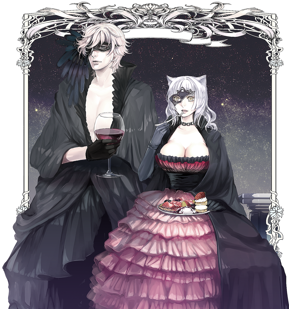1girl animal_ears breasts cake cape cleavage cup dress eating elaborate_frame elbow_gloves feathers food fork frame gloves large_breasts mask masquerade nicole original pale_skin pastry pixiv_fantasia pixiv_fantasia_5 robe silver_hair sitting slit_pupils wine_glass yellow_eyes