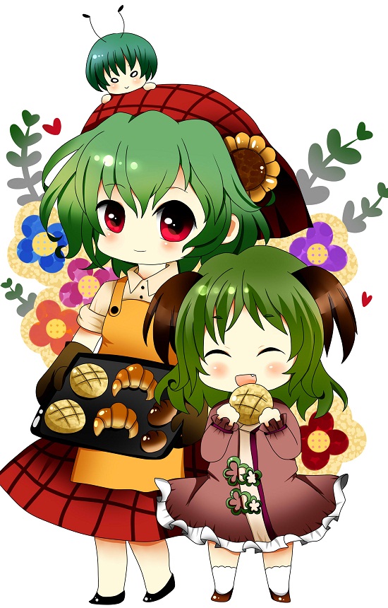 alternate_costume animal_ears antennae apron bad_id bakery blush bread chibi child dress fang flower food green_hair kasodani_kyouko kazami_yuuka melon_bread minigirl multiple_girls myumyu_*_._baton-nashi plaid plaid_skirt red_eyes shop short_hair skirt sunflower tartan touhou wings wriggle_nightbug youkai