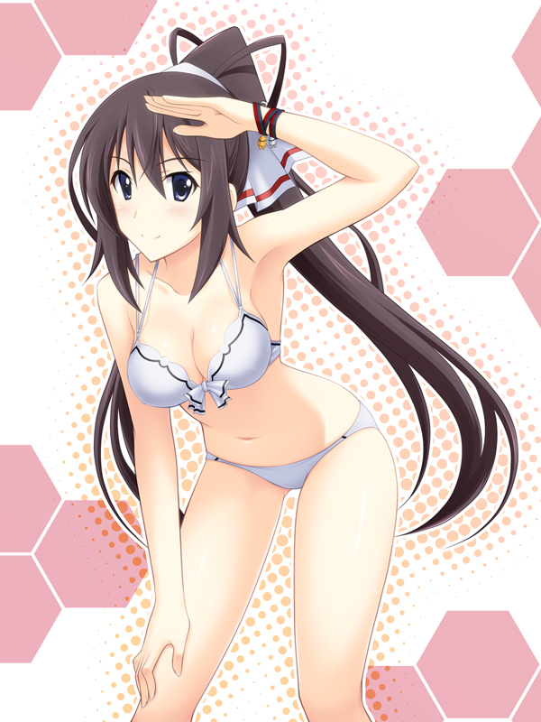 arm_up bikini blue_eyes blush breasts brown_hair cleavage front-tie_top hair_ribbon hand_on_knee hyokkori_tamago infinite_stratos leaning_forward light_smile long_hair navel ponytail ribbon salute shading_eyes shinonono_houki solo swimsuit