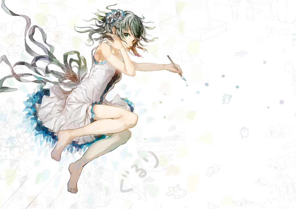 blue_hair dress feet floating flower green_eyes hair_flower hair_ornament hands neyagi original paintbrush painting short_hair solo toes