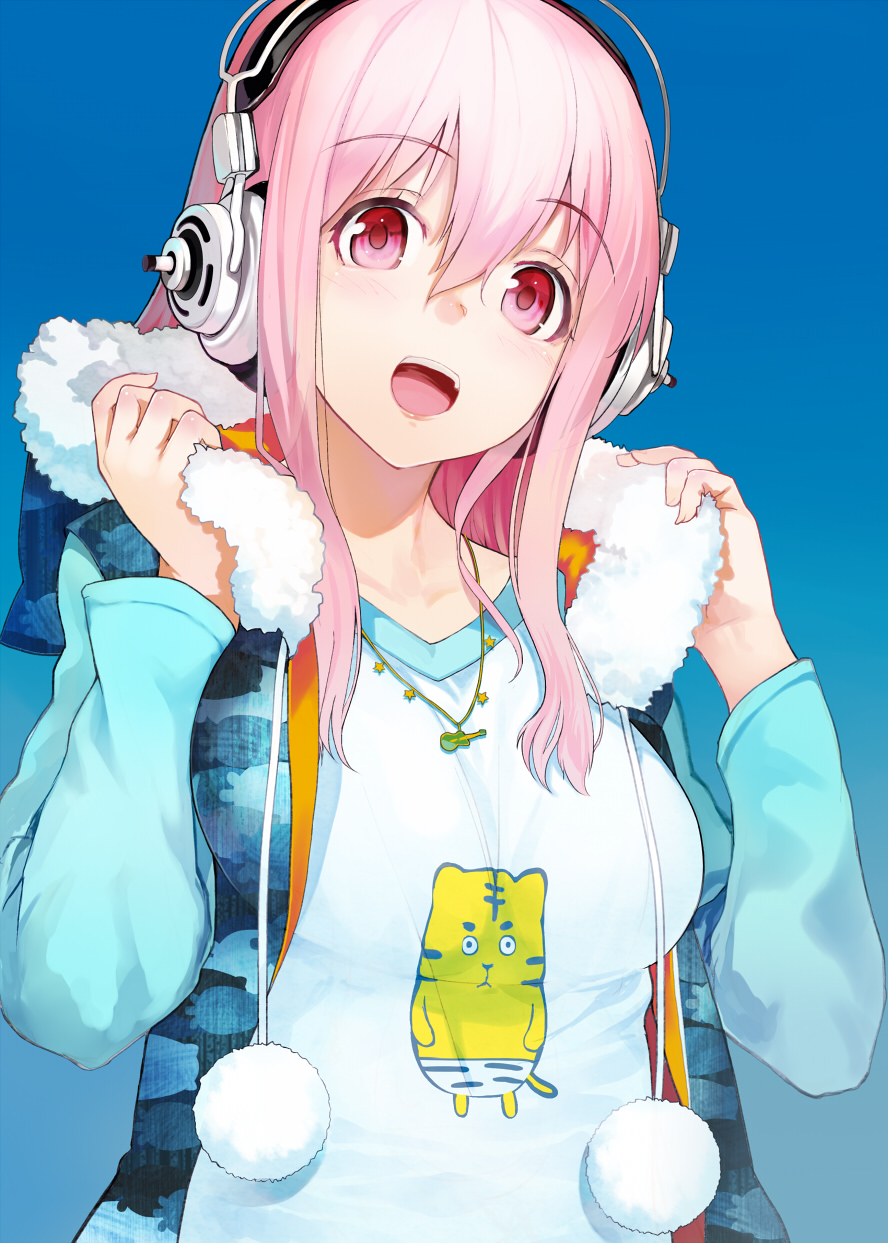 1girl blue_background blush breasts bust eyebrows_visible_through_hair face female hair_between_eyes headphones highres hood hood_down hoodie jewelry large_breasts long_hair long_sleeves looking_at_viewer necklace nitroplus open_mouth pink_eyes pink_hair pom_pom_(clothes) shirabi_(life-is-free) simple_background smile solo sonico soniko super_sonico super_soniko upper_body upper_teeth