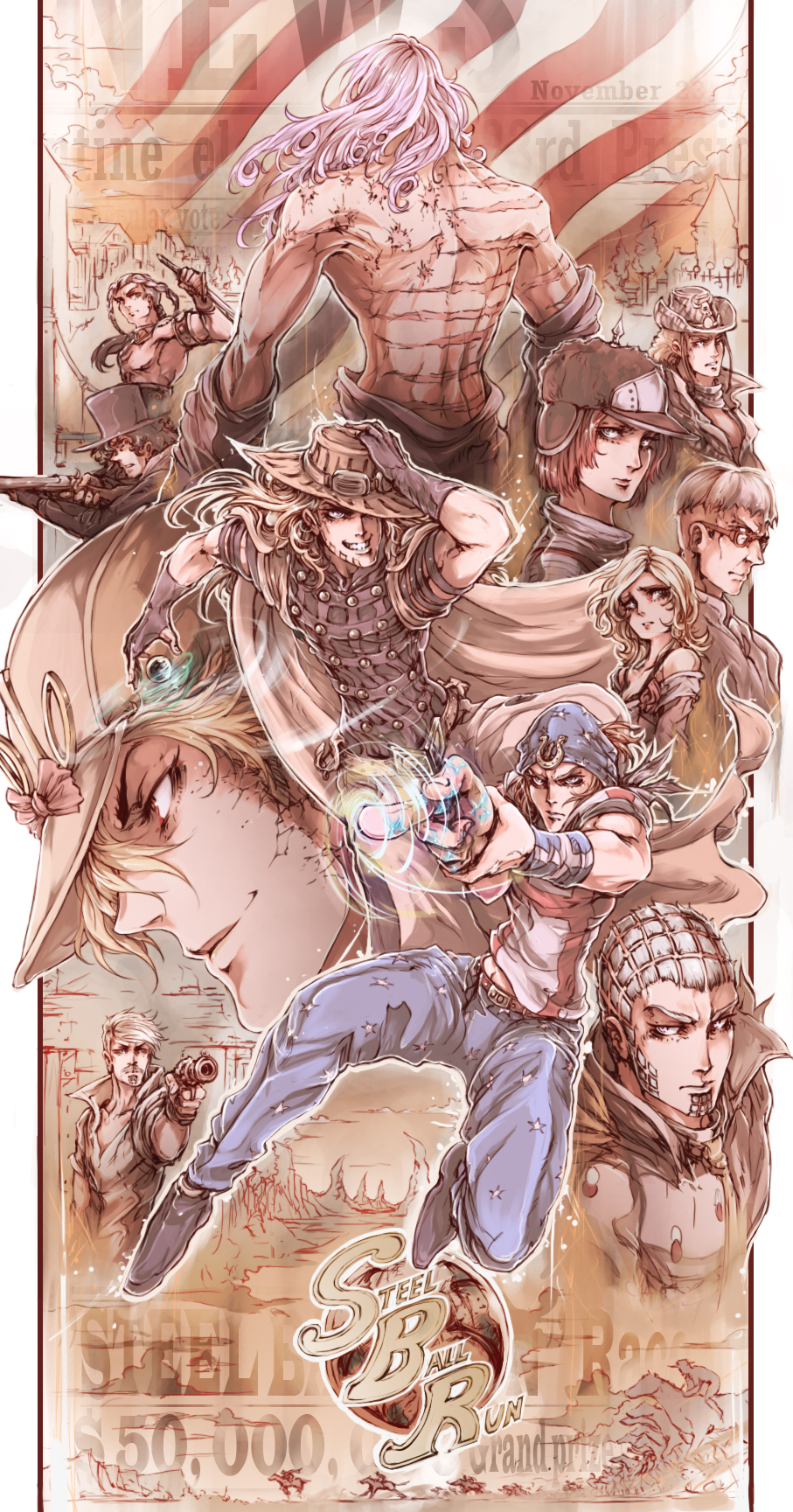 6+boys blonde_hair boots cowboy diego_brando epic everyone from_behind funny_valentine glasses goggles goggles_on_head grin gun gyro_zeppeli hat highres horseshoe hot_pants_(sbr) johnny_joestar jojo_no_kimyou_na_bouken kurkoboltsi long_hair lucy_steel magenta_magenta mountain_tim multiple_boys multiple_girls no_shirt pants pink_hair profile rifle ringo_roadagain sandman scar shirtless short_hair smile sowrd steel_ball_run stephen_steel steven_steel sword top_hat weapon wekapipo