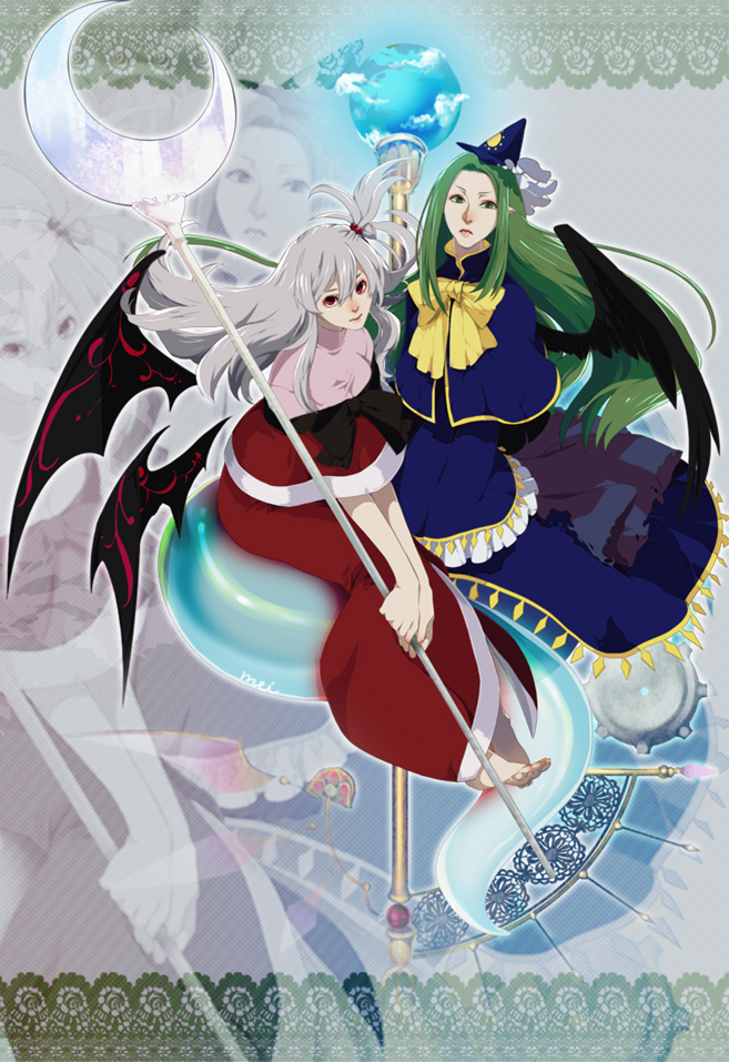 barefoot bow capelet crescent dress ghost ghost_tail goddess green_eyes green_hair grey_hair hair_bobbles hair_ornament hat long_hair mima multiple_girls narumi_yuka pointy_ears red_eyes shinki side_ponytail sitting staff touhou touhou_(pc-98) very_long_hair wings wizard_hat