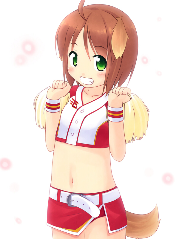 ahoge animal_ears belt cheerleader dog_ears dog_tail fang flat_chest green_eyes grin inuarashi kneehighs meiko_(inuarashi) midriff navel nippon_professional_baseball original pom_poms short_hair skirt smile solo tail touhoku_rakuten_golden_eagles