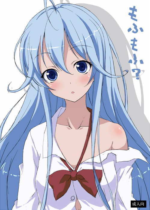 antenna_hair aoi_(konbini) bare_shoulders blue_eyes blue_hair blush bow denpa_onna_to_seishun_otoko long_hair off_shoulder open_clothes open_shirt shirt touwa_erio very_long_hair