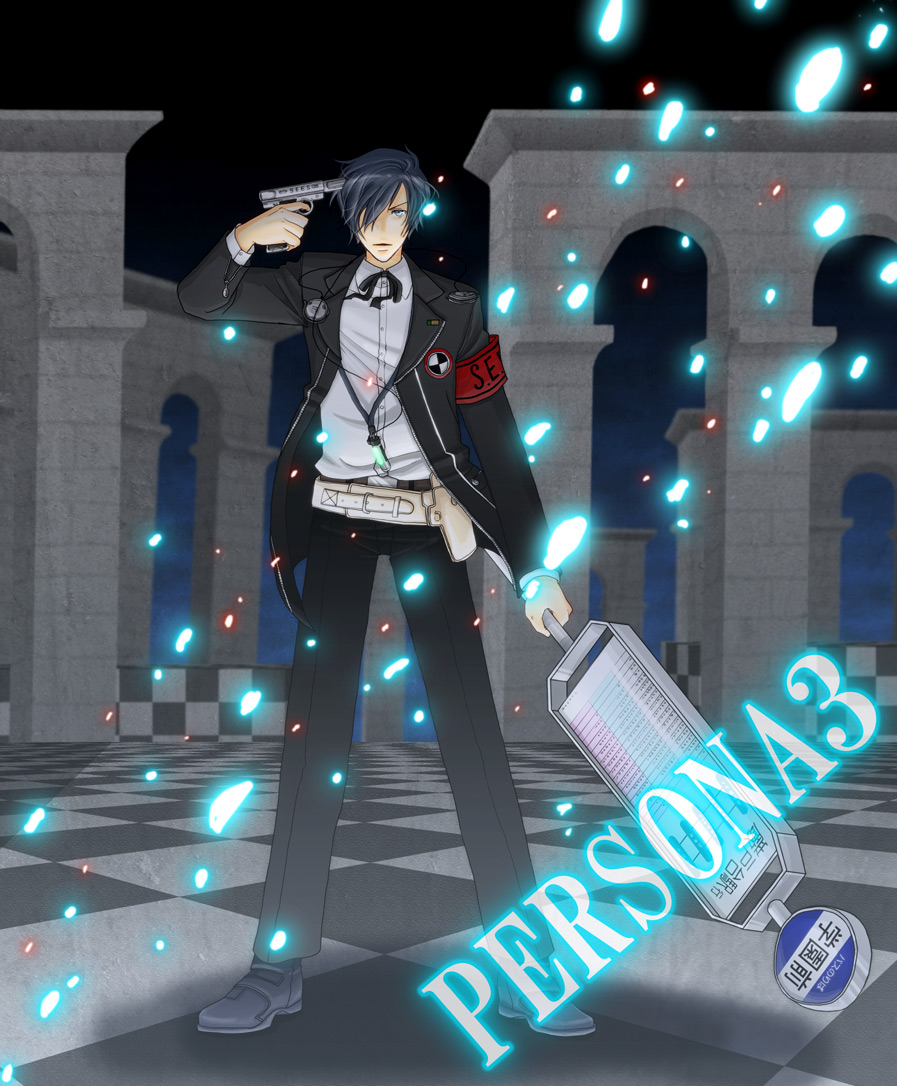 arisato_minato armband blue_eyes blue_hair bow checkered checkered_floor digital_media_player evoker gun gun_to_head hair_over_one_eye headphones male persona persona_3 ribbon school_uniform sign solo weapon