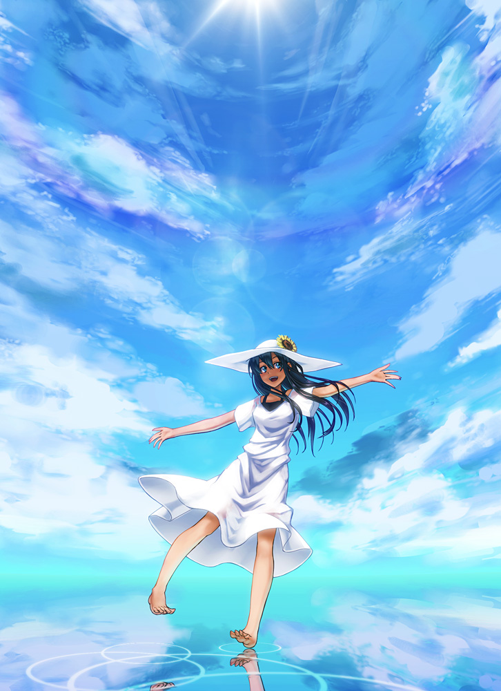 blue_eyes blue_hair bra cloud clouds din_(flypaper) dress feet flower hat lens_flare lingerie long_hair open_mouth original outstretched_arms reflection ripples sky smile solo spread_arms standing_on_water sun sun_hat sundress underwear water white_dress