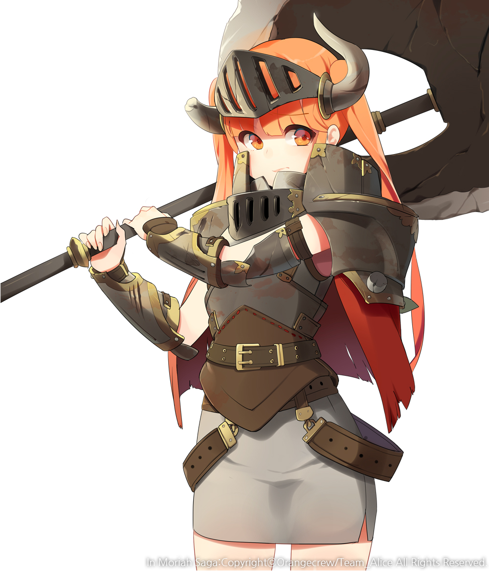 1girl armor armored_dress battle_axe belt blonde_hair breastplate cape character_request horns huge_weapon long_hair open_mouth orange_eyes over_shoulder pauldrons simple_background solo ssberit vambraces visor_(armor) watermark weapon weapon_over_shoulder white_background