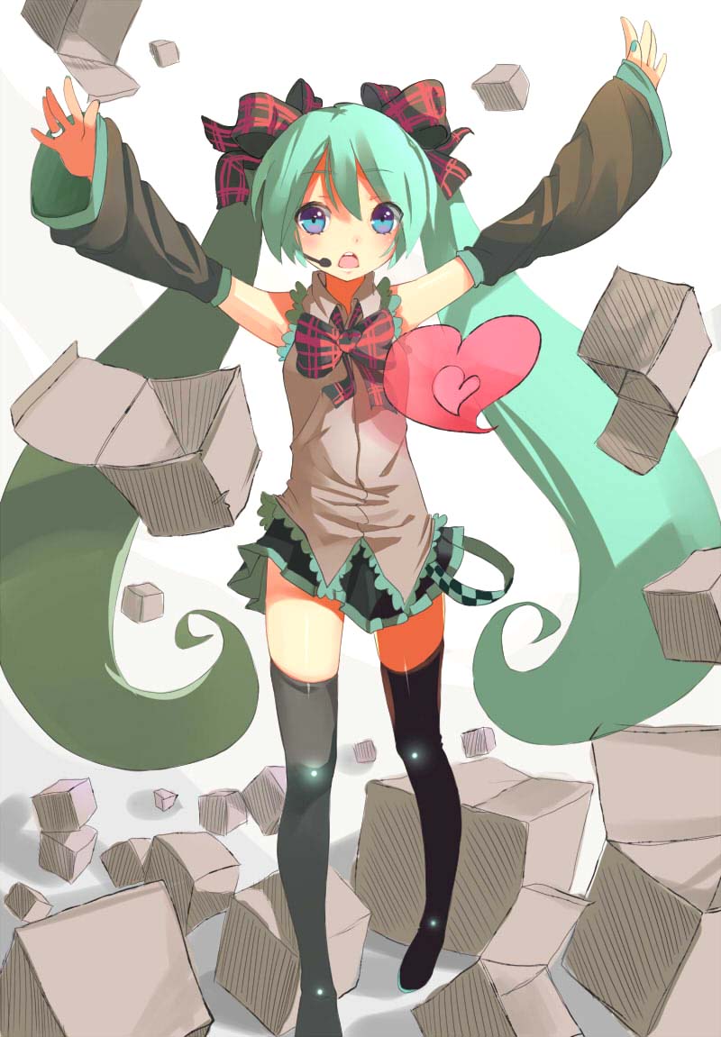 \o/ arms_up bad_id blue_eyes bow bowtie box detached_sleeves fkey green_hair hair_bow hair_ribbon hatsune_miku headset heart jewelry long_hair open_mouth outstretched_arms ribbon ring skirt solo spread_arms thigh-highs thighhighs twintails very_long_hair vocaloid zengxianxin zettai_ryouiki