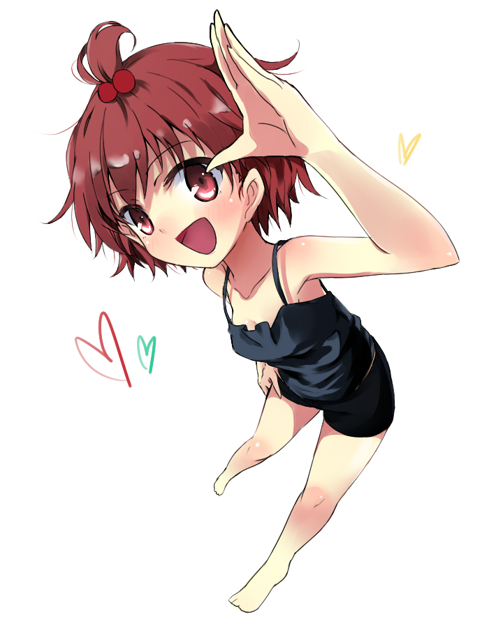 bare_legs barefoot brown_eyes brown_hair from_above hair_bobbles hair_ornament heart maromi_(am97) marui_futaba mitsudomoe open_mouth ponytail shorts solo tank_top