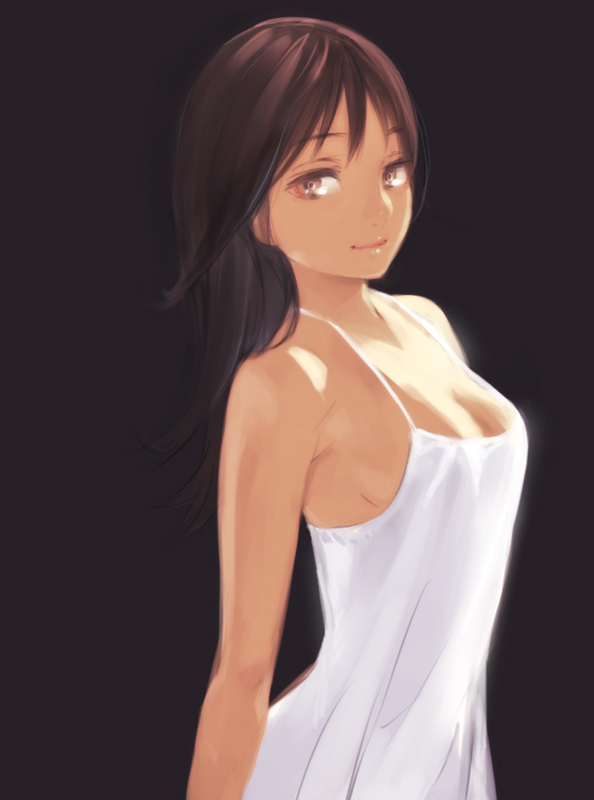 black_hair breasts brown_eyes brown_hair cleavage dress lips long_hair original shiohara_shin'ichi shiohara_shinichi sideboob simple_background sleeveless smile solo spaghetti_strap