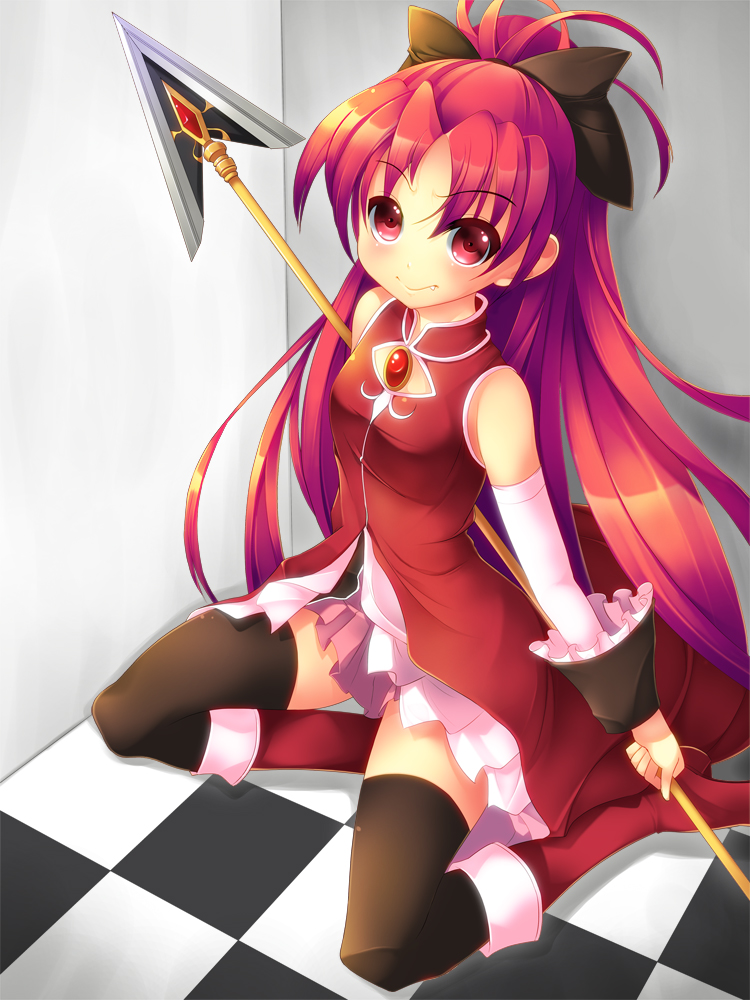 fang koflif long_hair mahou_shoujo_madoka_magica polearm ponytail red_eyes red_hair redhead sakura_kyouko solo spear thigh-highs thighhighs weapon