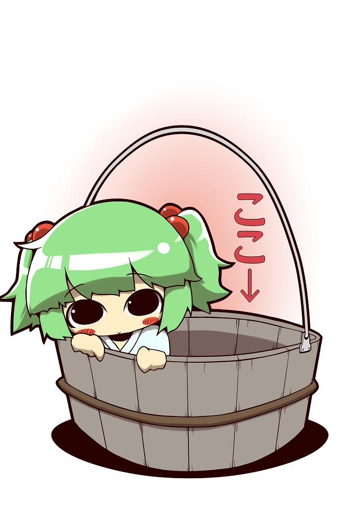 1girl black_eyes blush_stickers bucket green_hair hair_bobbles hair_ornament in_bucket in_container kisume short_hair solo touhou twintails zannen_na_hito