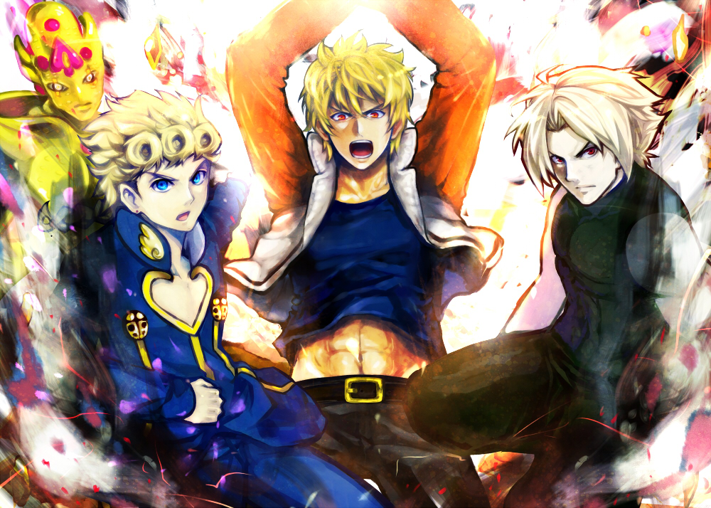 4boys adelheid_bernstein blonde_hair blue_eyes crossover fatal_fury giorno_giovanna gold_experience_requiem honchu king_of_fighters king_of_fighters_xi mark_of_the_wolves midriff multiple_boys multiple_crossover red_eyes rock_howard sleeveless sleeveless_turtleneck snk stand_(jojo) turtleneck