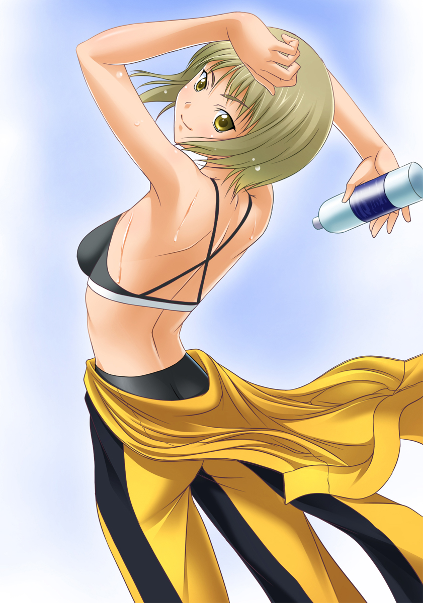 back blonde_hair bottle bruce_lee's_jumpsuit from_behind highres huang_baoling jumpsuit kouun paolin_huan short_hair solo sports_bra sportsbra tiger_&amp;_bunny water_bottle yellow_eyes