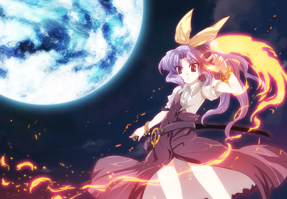 belt bracelet earth fire jewelry katana long_hair night ponytail purple_hair solo sword tokiame touhou watatsuki_no_yorihime weapon