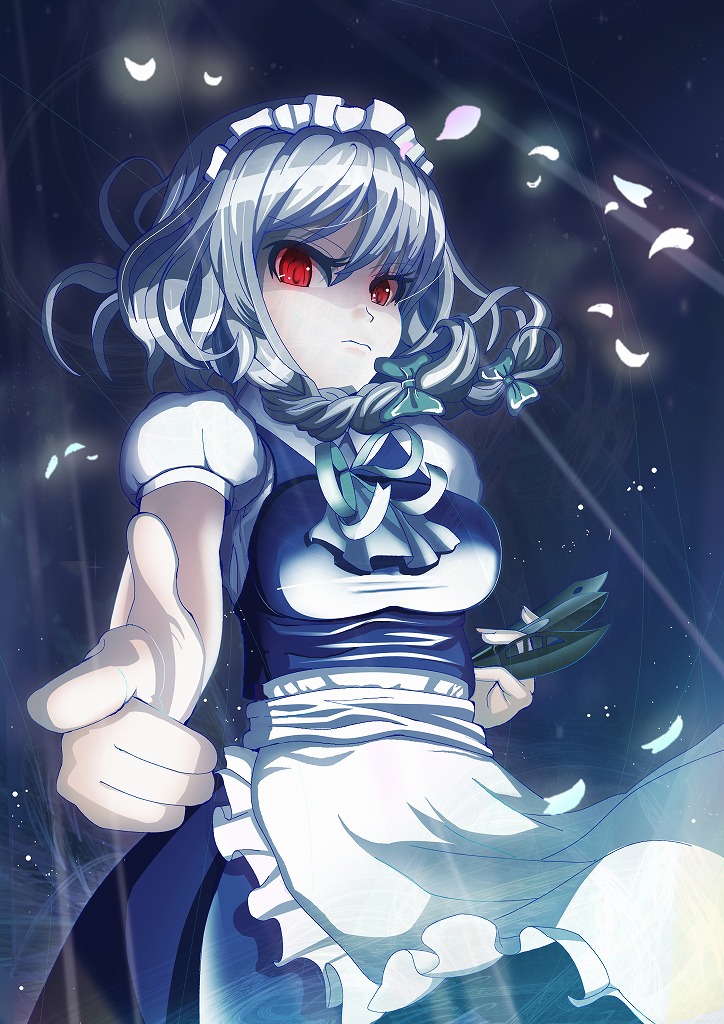 1girl amisu apron bad_id bow braid foreshortening hair_bow hands izayoi_sakuya knife maid maid_headdress petals pointing pointing_at_viewer red_eyes silver_hair solo throwing_knife touhou waist_apron weapon