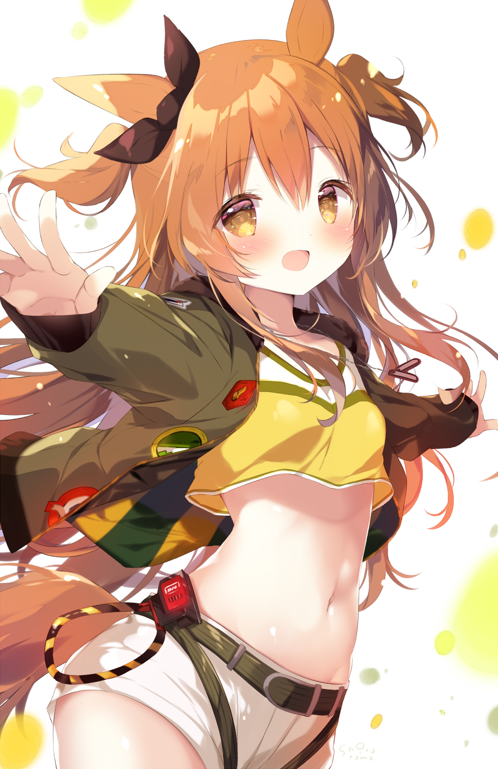 1girl :d animal_ears bangs belt belt_buckle black_belt black_ribbon blush breasts brown_eyes brown_hair buckle commentary_request crop_top eyebrows_visible_through_hair green_jacket hair_between_eyes hair_ribbon highres horse_ears horse_girl horse_tail jacket long_hair long_sleeves looking_at_viewer mayano_top_gun midriff navel open_clothes open_jacket open_mouth outstretched_arms ribbon shiratama_(shiratamaco) shirt short_shorts shorts sleeves_past_wrists small_breasts smile solo spread_arms tail two_side_up umamusume very_long_hair white_background white_shorts yellow_shirt