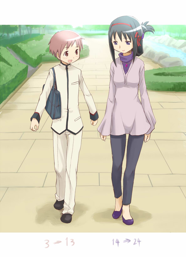 1boy 1girl akemi_homura alternate_hairstyle bag black_hair blouse blush brown_eyes brown_hair female hair_ribbon hair_up kaname_tatsuya long_hair mahou_shoujo_madoka_magica male open_mouth pink_eyes pink_hair purple_eyes ribbon school_uniform short_hair sleeves_past_wrist smile teenage ugai_yuichi violet_eyes