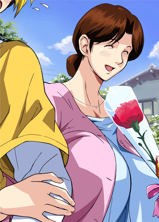 1boy 1girl age_difference apron arm_grab breasts brown_hair cirima closed_eyes cloud clouds eyes_closed flower food hair_bun happy hikaru_no_go house house_wife housewife huge_breasts large_breasts makizushi mitsuko_sanrakugaki mother mother's_day mother_and_son open_mouth red_rose ribbon rose shadow shadows shindou_hikaru shindou_mitsuko shirt sky smile sushi swear tree volvox windows worried