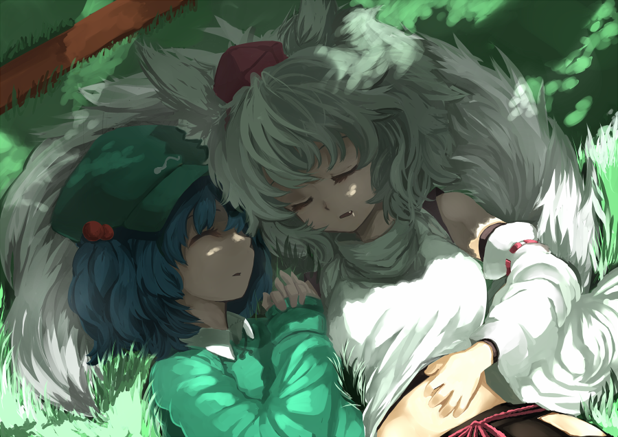 2girls animal_ears bare_shoulders blue_hair breasts closed_eyes detached_sleeves fang grass hair_bobbles hair_ornament hat highres holding_hands inubashiri_momiji kawashiro_nitori lying midriff multiple_girls open_mouth rikkido short_hair skirt sleeping tail tokin_hat touhou twintails white_hair wolf_ears wolf_tail