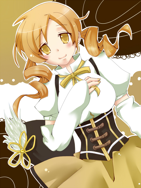 asomaru beret blonde_hair breasts corset detached_sleeves drill_hair hat hat_removed headwear_removed large_breasts magical_girl mahou_shoujo_madoka_magica pleated_skirt skirt solo tomoe_mami twin_drills yellow_eyes