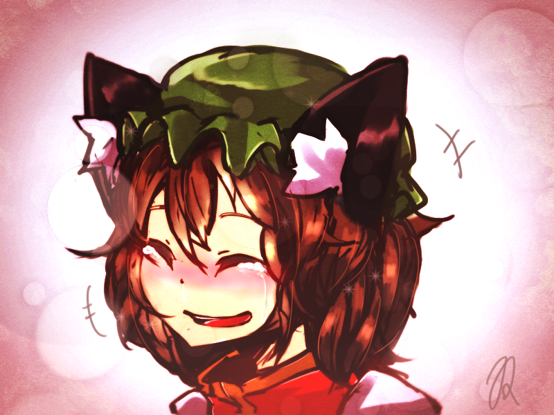 amaneryuusei animal_ears brown_hair cat_ears chen close-up closed_eyes eyes_closed hat laughing short_hair tears touhou