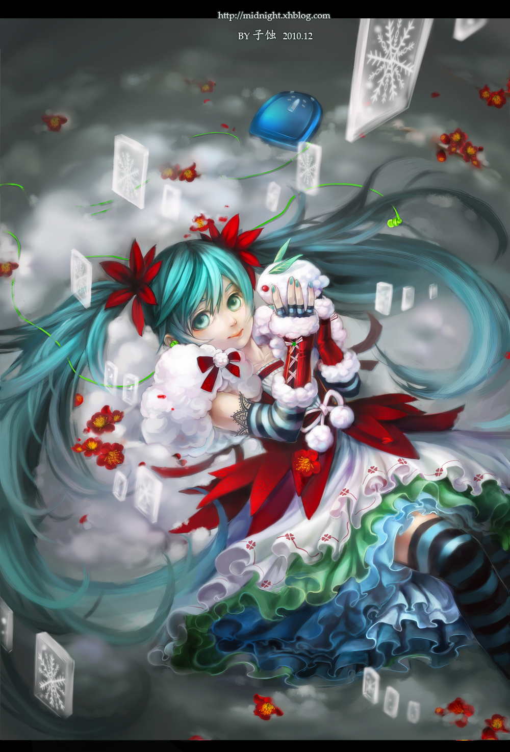 aqua_hair bow bows cd_player detached_sleeves dress earbuds earphones elbow_gloves flower gloves hatsune_miku highres kneehighs long_hair nail_polish snow solo striped striped_legwear striped_socks thighhighs twintails very_long_hair vocaloid