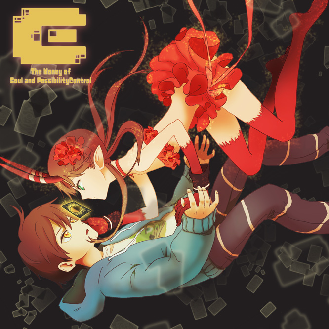 1girl :o bandeau bare_shoulders brown_hair c_(control) c_the_money_of_soul_and_possibility_control card card_with_aura couple credit_card demon_girl eye_contact falling flat_chest floating_card flower frills gecco_knight gloves green_eyes hair_flower hair_ornament hand_holding hand_on_another's_cheek hand_on_another's_face hand_on_cheek holding_hands hood hoodie horns long_hair looking_at_another mashu mashu_(control) pants pointy_ears profile red_legwear ribbon short_hair skirt striped thigh-highs thighhighs yellow_card yellow_eyes yoga_kimimaro zettai_ryouiki
