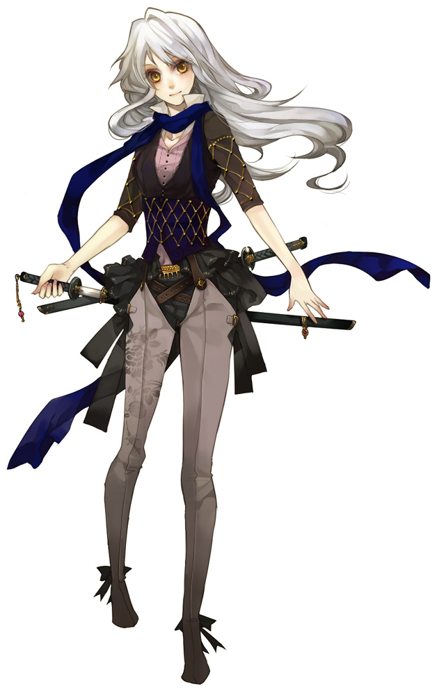 katana kyouka_hatori long_hair original scarf sheath solo sword unsheathing weapon white_hair yellow_eyes