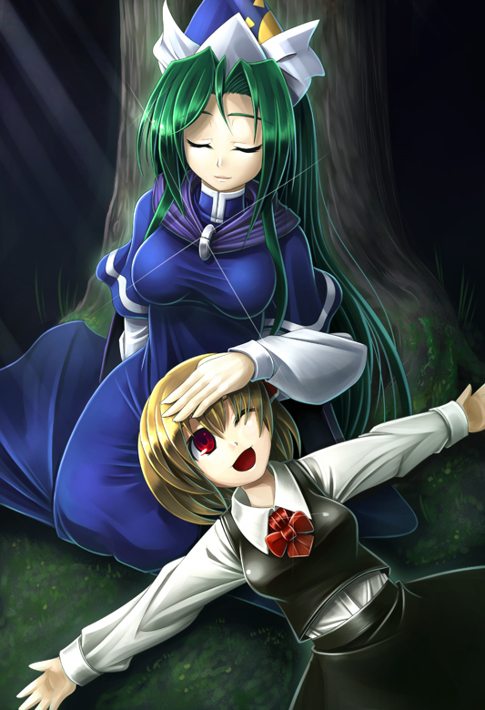 :d against_tree blonde_hair breasts cape closed_eyes eyes_closed hat head_hold koto_tsubane lap_pillow large_breasts long_hair lying mima multiple_girls open_mouth outstretched_arms red_eyes rumia seiza short_hair sitting smile spread_arms touhou touhou_(pc-98) tree very_long_hair wink wizard_hat youkai