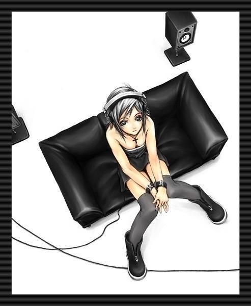 black_hair boots breasts cleavage couch cross from_above headphones jewelry necklace original over-kneehighs short_hair solo speaker thighhighs wristband