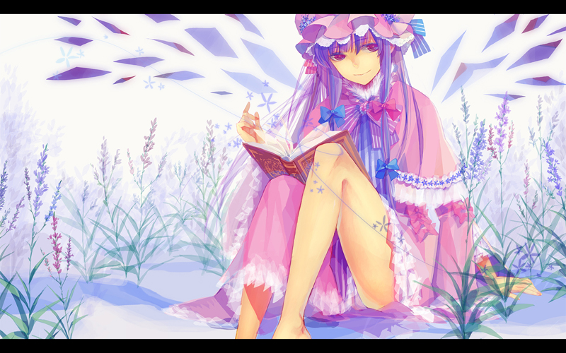 bad_id bare_legs barefoot book hair_ribbon hat lavender letterboxed long_hair newrein on_ground patchouli_knowledge purple_eyes purple_hair ribbon sitting smile solo touhou violet_eyes wings