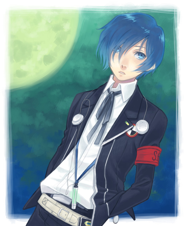 arisato_minato armband blue_eyes blue_hair bow digital_media_player headphones ipcen male moon persona persona_3 ribbon school_uniform solo