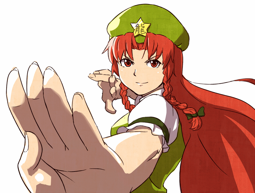 alternate_eye_color bad_id braid dress face fighting_stance foreshortening green_dress hands hat hong_meiling long_hair outstretched_hand pov_hands red_eyes red_hair redhead shiba_murashouji smile solo star touhou twin_braids