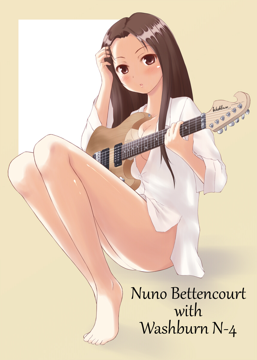 bare_legs barefoot blush breasts brown_eyes brown_hair censored cleavage convenient_censoring electric_guitar english face feet genderswap guitar highres instrument kusaka_maichi long_hair naked_shirt no_bra no_panties nuno_bettencourt open_clothes open_shirt original shirt simple_background sitting solo white_shirt
