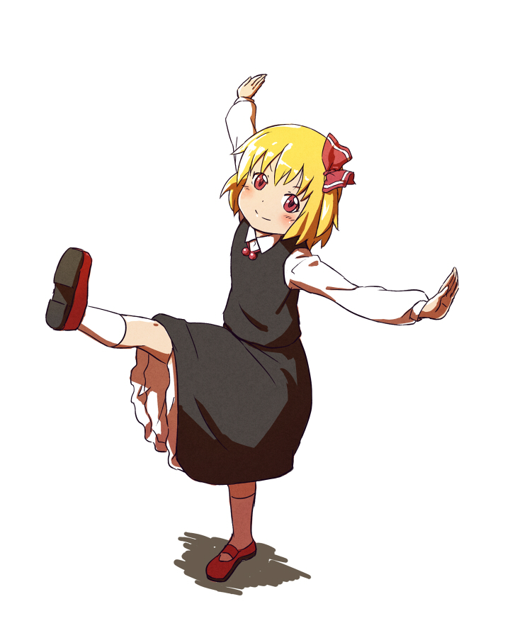 blonde_hair blush child dress hair_ribbon leg_up outstretched_arms red_eyes ribbon rumia shiba_murashouji short_hair smile solo spread_arms standing_on_one_leg the_embodiment_of_scarlet_devil touhou youkai