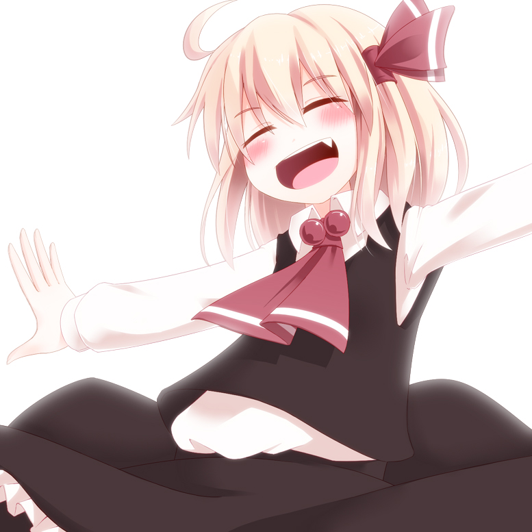 ahoge ascot black_dress blonde_hair blush closed_eyes dress eyes_closed fang hair_ribbon open_mouth outstretched_arms razy_(skuroko) ribbon rumia smile solo spread_arms the_embodiment_of_scarlet_devil touhou youkai