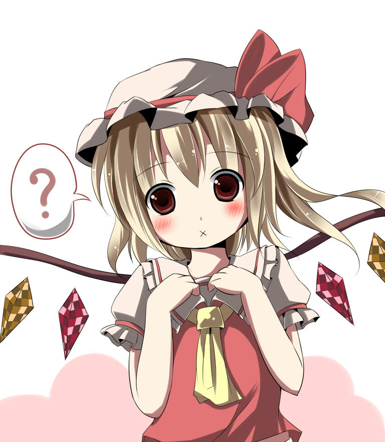 :x ? ascot blonde_hair blush bust dress flandre_scarlet hands_on_chest hands_on_own_chest hat head_tilt kazura red_dress red_eyes side_ponytail solo the_embodiment_of_scarlet_devil touhou wings