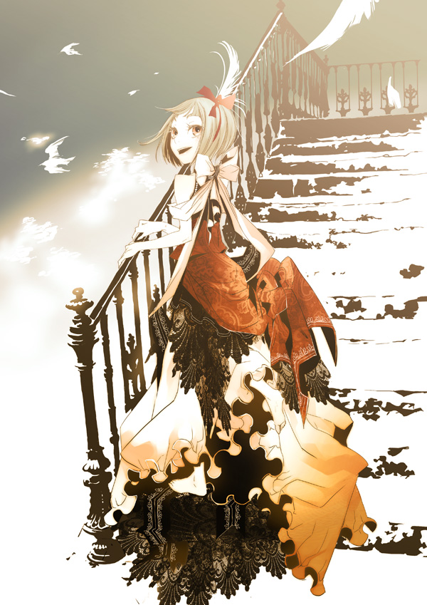 bow cloud clouds dress feathers grey_hair hair_ornament karasu_(artist) karasu_(chalk) original rail railing red_eyes smile solo stairs