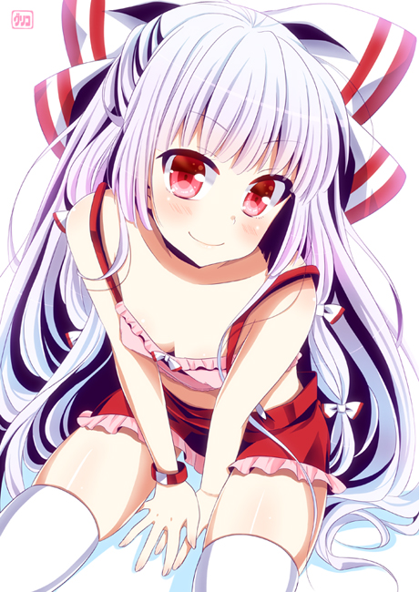 adapted_costume bare_shoulders blush bow bracelet breasts cleavage down_blouse flat_chest from_above fujiwara_no_mokou hair_bow jewelry long_hair looking_at_viewer pengin_guriko red_eyes silver_hair simple_background sitting smile solo thigh-highs thighhighs touhou very_long_hair white_legwear