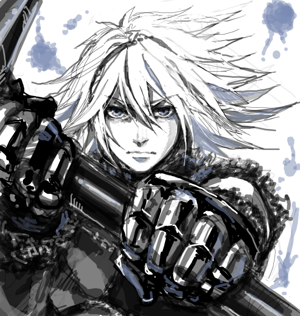 blue blue_eyes gauntlets monochrome nier nier_(character) nier_(young) short_hair solo weapon white_hair