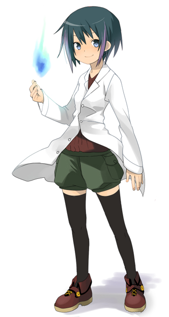 blue_eyes labcoat magic multicolored_hair naname_(danbooru_maker) original purple_hair short_hair shorts solo thigh-highs thighhighs two-tone_hair zettai_ryouiki