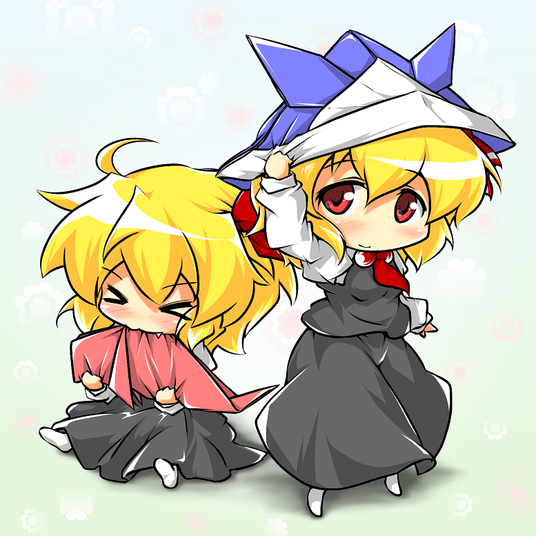 black_dress blonde_hair blush chibi dress eating fang hair_ribbon hand_on_hat hat multiple_persona origami pr0vidence red_eyes red_star_(toranecomet) ribbon rumia sitting smile solo standing the_embodiment_of_scarlet_devil touhou youkai