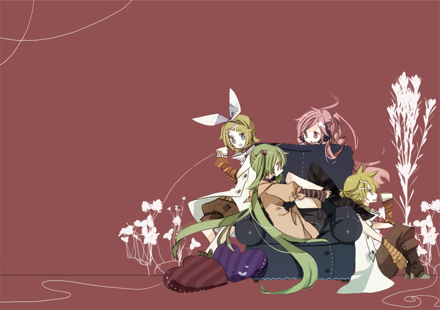 couch cushion earmuffs green_hair hatsune_miku kagamine_len kagamine_rin long_hair miki miki_(vocaloid) pink_hair sf-a2_miki sitting striped striped_legwear thigh-highs thighhighs twintails very_long_hair vocaloid yoshiki