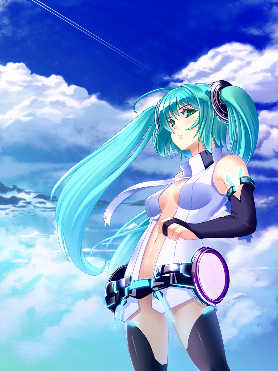aqua_hair bridal_gauntlets center_opening cloud clouds condensation_trail contrail elbow_gloves gloves green_eyes hatsune_miku hatsune_miku_(append) highres long_hair looking_at_viewer miku_append navel necktie no_bra sky solo takana_shia takanashi-a thigh-highs thighhighs twintails very_long_hair vocaloid vocaloid_append
