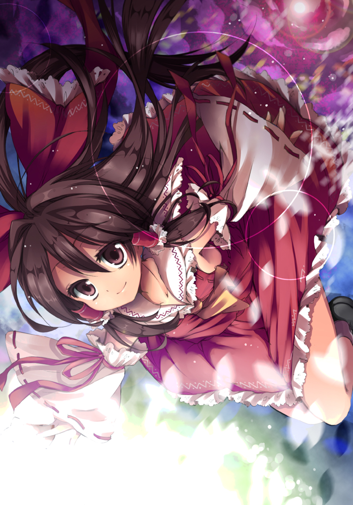 aidumi ascot black_eyes black_hair bow brown_eyes brown_hair detached_sleeves flying hair_bow hair_tubes hakurei_reimu lens_flare long_hair looking_at_viewer miko outstretched_arms petals smile solo spread_arms touhou wide_sleeves