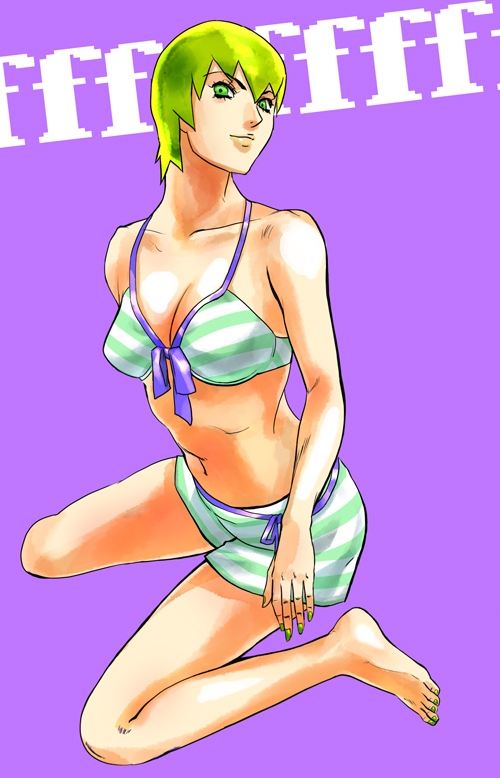 1girl bikini bikini_shorts foo_fighters front-tie_top green_eyes green_hair jojo_no_kimyou_na_bouken short_hair solo swimsuit yasuhito_(yasu_no_e)